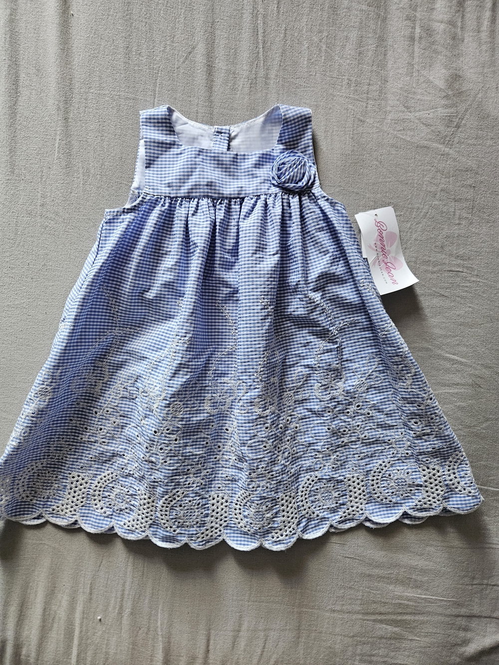 Bonnie Jean Blue Gingham Eyelet A-Line Dress with Rosette